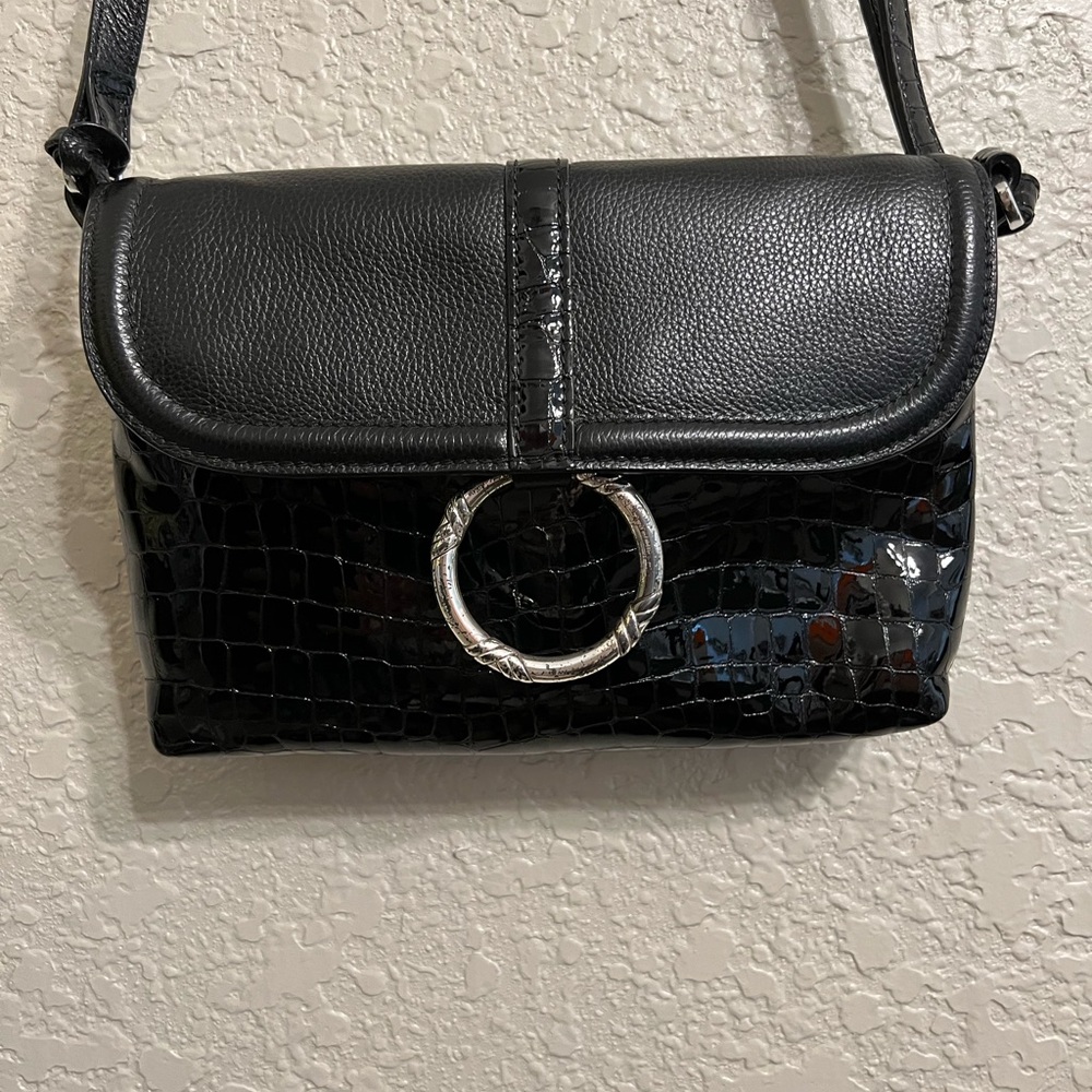⭐️SOLD⭐️ Black 🖤 Brighton Leather & Croc 🐊 print shoulder bag 💖 - Picture 1 of 14